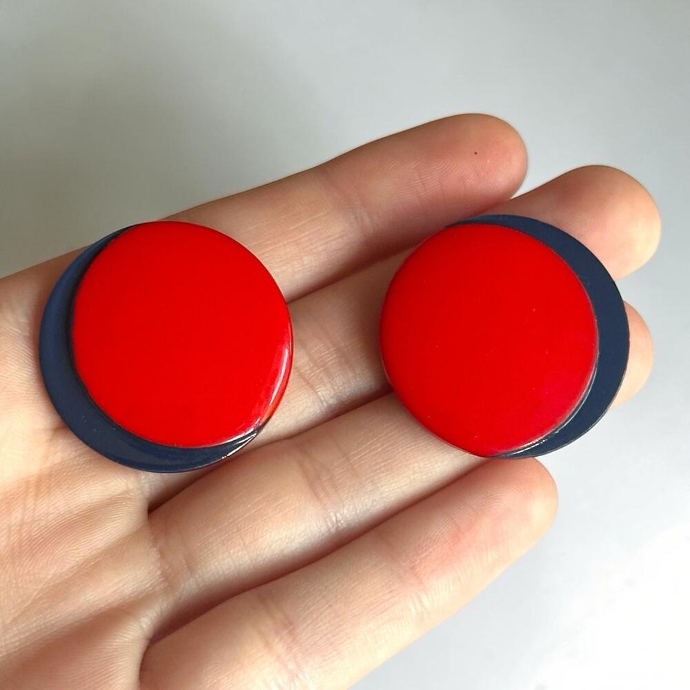 Vintage Mod Red Blue Acrylic Lucite Disc Earrings Statement Geometric Retro
